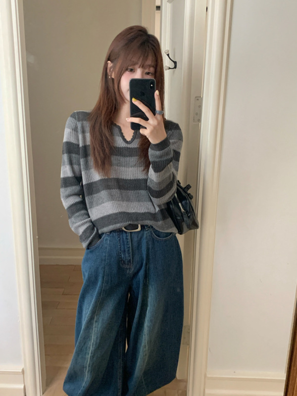 GAGD 条纹镂空时髦感慵懒廓形叠穿罩衫毛衣女 细羊毛空调衫毛衣|undefined