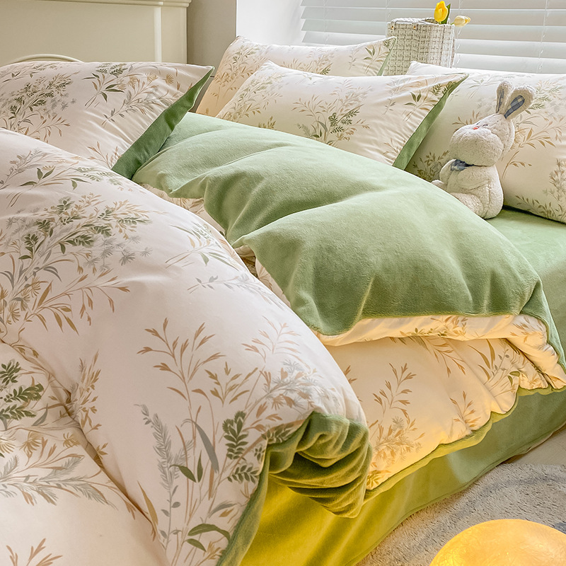 Juego de cama de lana de coral de leche de invierno de cuatro piezas 2024 sábanas nuevas fundas de edredón sábana ropa de cama