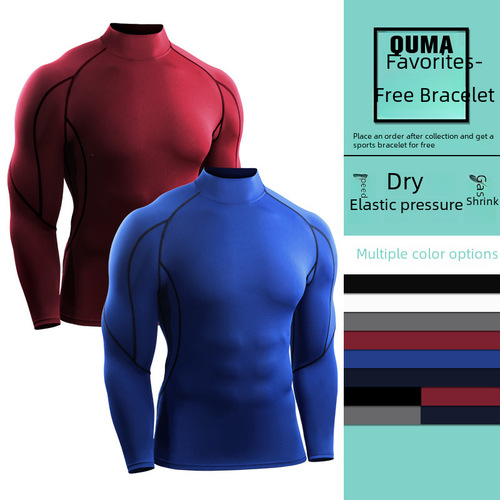 Autumn and Winter Men's High-Neck Tight Fit Long-Sleeve Elastic Quick-Dry Compression Basketball Fitness Top Running Training Base Layer Shirt
