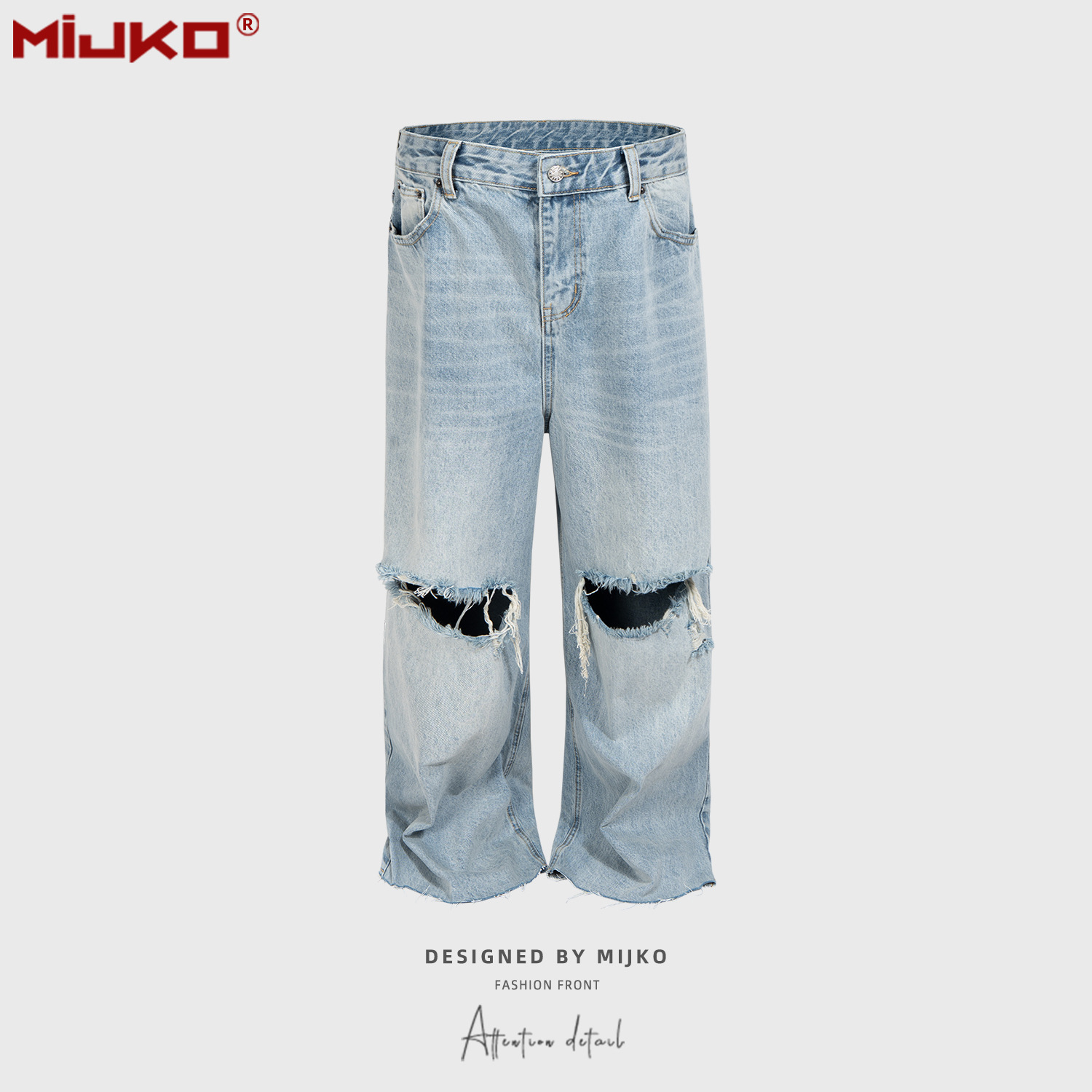 MIJKO Jeans Straight-Leg Ripped Washed Vintage Blue