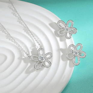 925 Silver Moissanite All-match Light Luxury Gesang Flower Mo Necklace Earrings suit Women's Fashion Inlaid Elegant Clavicle Chain