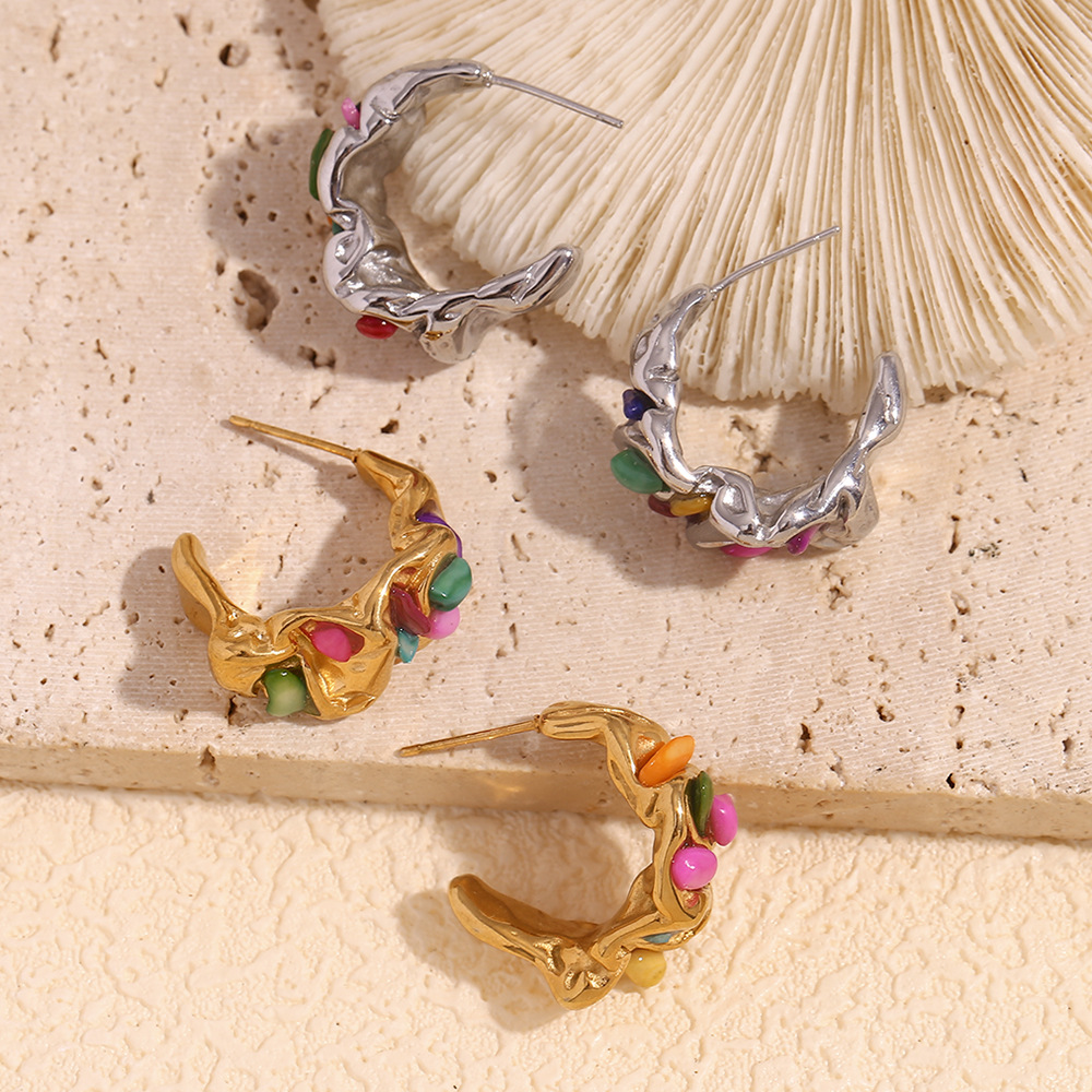 Stainless Steel Pleated Clay Stone Colored Earrings