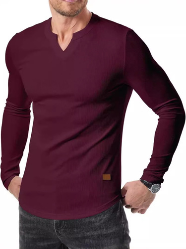 Amazon Cross-border New Foreign Trade Men's V-neck Placket T-shirt Solid Color Casual Fashion Men's Long Sleeve