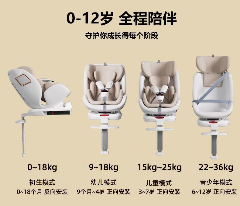 Child Car Seat for 0-12 Years Old Babies, Portable, 360-Degree Rotating, with Support Legs, Reclining, Cotton