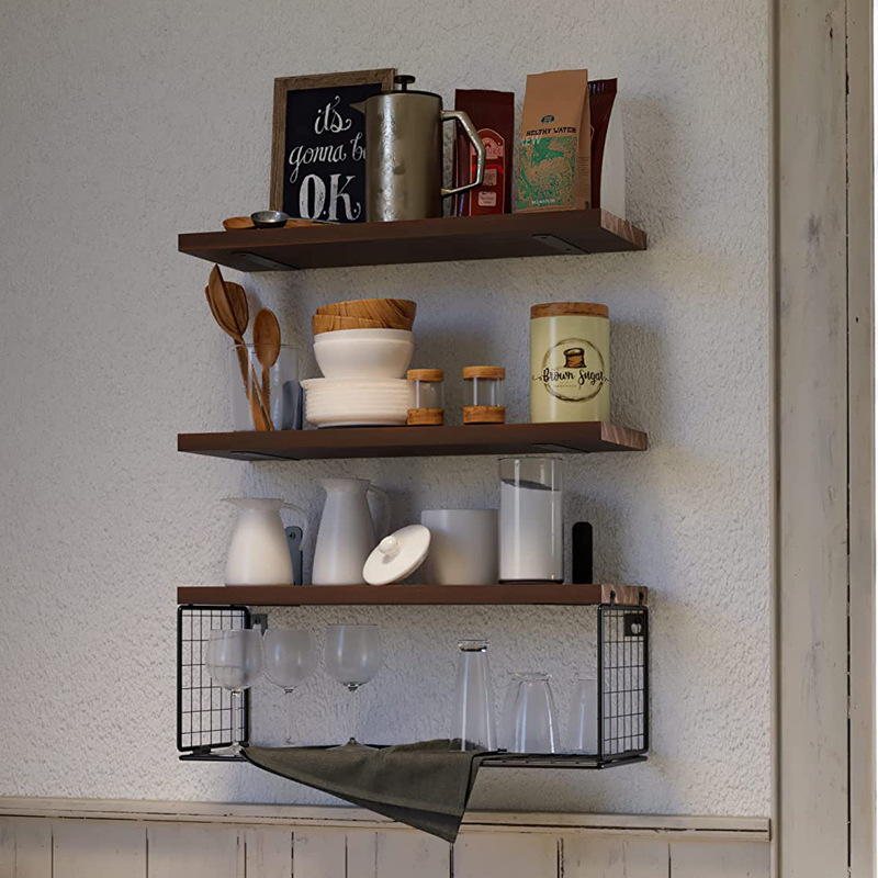 Wall mounted pine wood corner suspended shelf bedroom living room bathroom kitchen wall metal storage rack_voghion.com