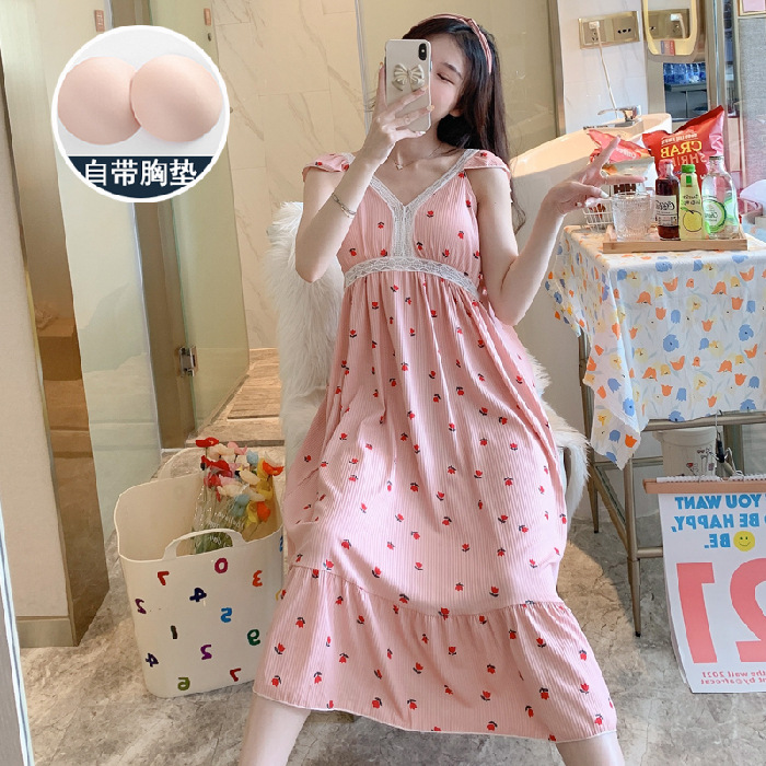 Princesa estilo suelto verano estilo coreano pijamas de las mujeres sueltas lindo camisón encaje con almohadilla en el pecho desgaste del hogar mujeres