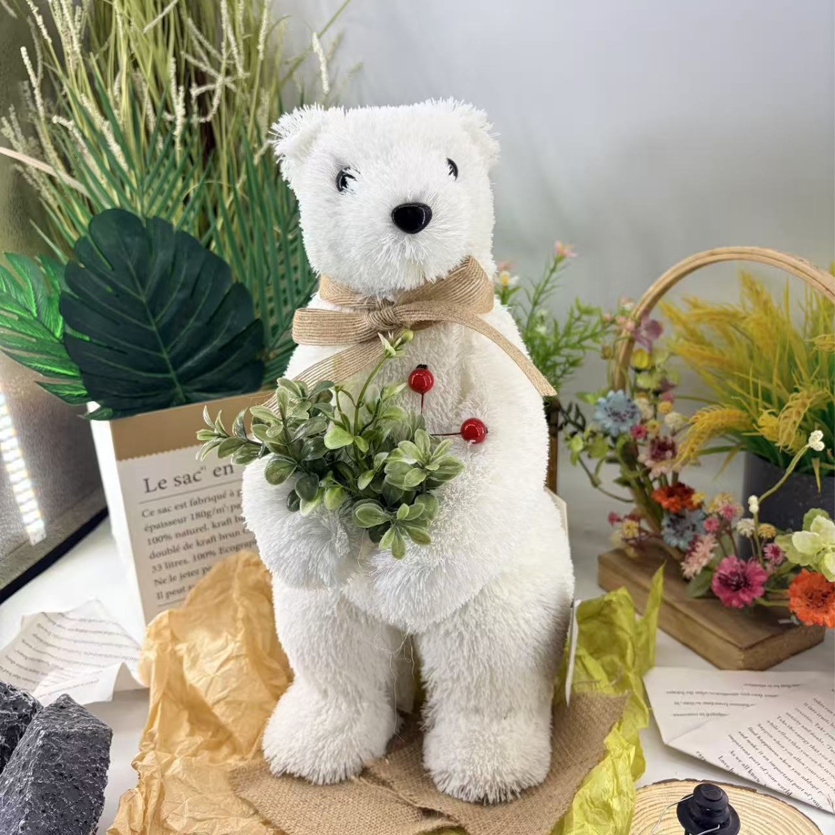 Cintas marrones de hoja verde de mano oso blanco artesanías de Navidad decoraciones en línea decoraciones de tiendas del hogar al por mayor