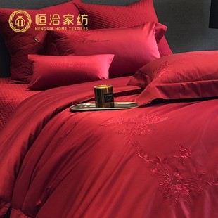 High-End Wedding Long-Staple Cotton Four-Piece Set Luxury Embroidered Pure Cotton Newlywed Red Wedding Quilt Cover Bed Cover Bedding