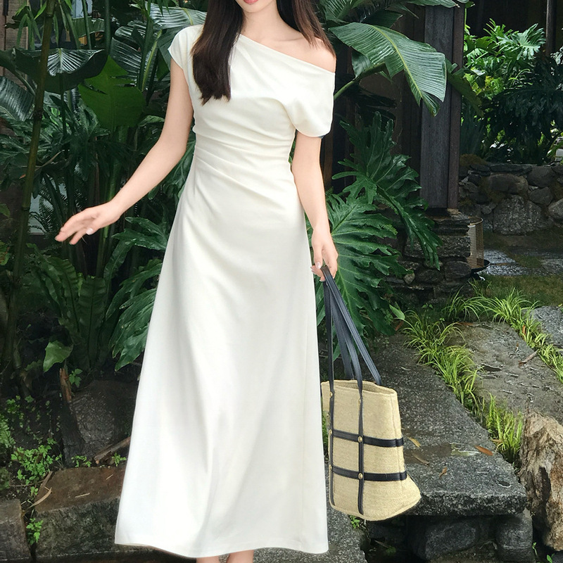 2025年【清雅美術学生】気質知的シンプルな斜め肩ドレスレディース夏ロング＆ショートスカート|undefined