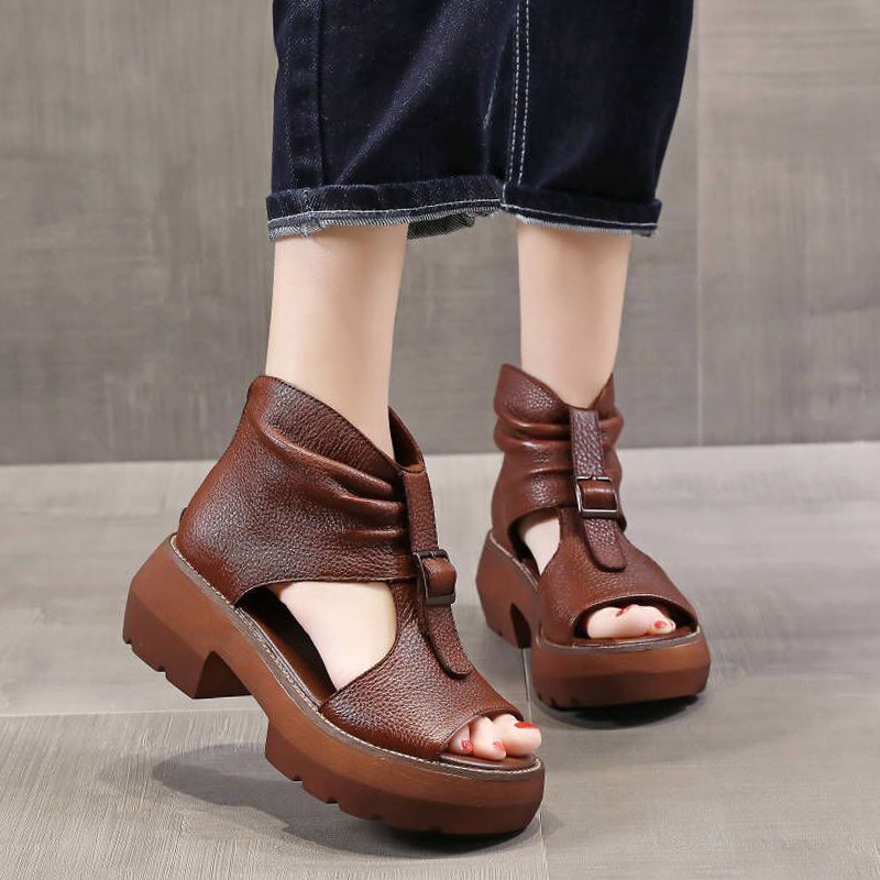 Summer sandals women's Roman style peep toe chunky heel sandals thick-soled high-top women's retro height increasing sandals