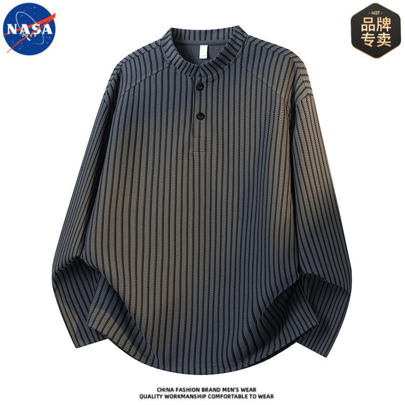 Nasa Co-Branded High-Quality Henry Collar Long-Sleeved Striped Sweatshirt for Men, Spring and Autumn Casual Loose Top Trendy