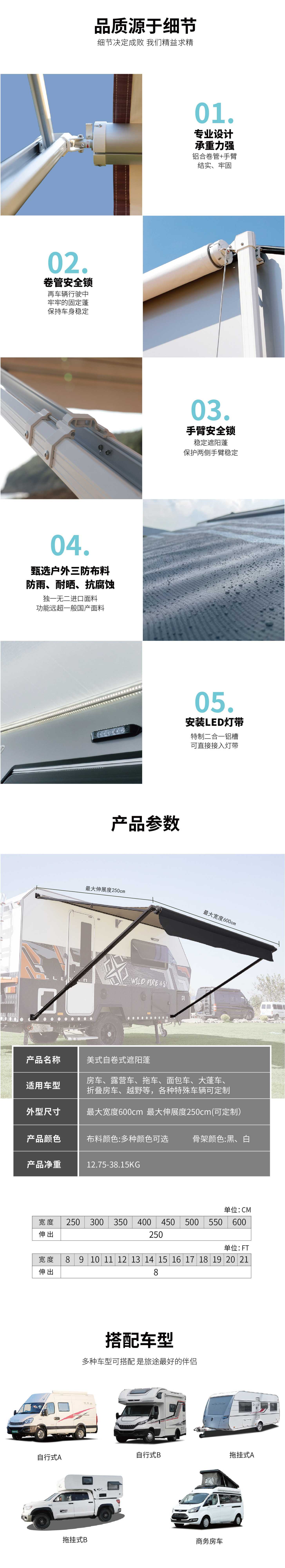 RV manual retractable side awning, roof sunshade, aluminum alloy hand-cranked rainproof awning, waterproof 3000 sunshade