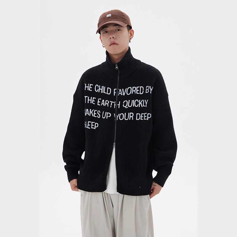 美式复古重磅针织拉链开衫毛衣外套男秋冬新款潮牌字母印花上衣服