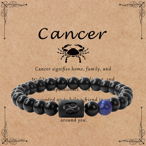 Men's 12 Zodiac Bracelet, Retro and Versatile, Bright Black Beads, Elastic Rope, Unisex Beads, Manufacturer Wholesale, European and American Cross-border