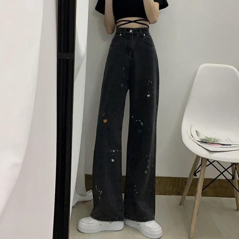春秋新款黑色刺繡愛心牛仔褲女高腰寬鬆直筒褲學生闊腿長褲潮