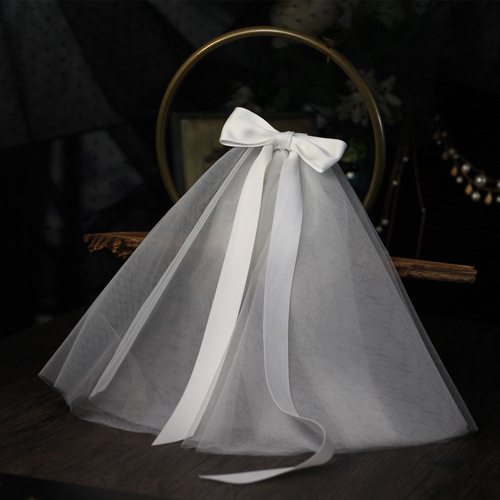 V664 French ribbon bow bridal veil forest white short style wedding certificate photo internet celebrity headwear