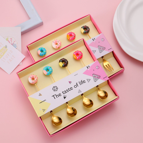Wholesale Instagram desserts fruit fork and spoon set gold-plated stirrer coffee spoon creative donut 430 stainless steel spoon