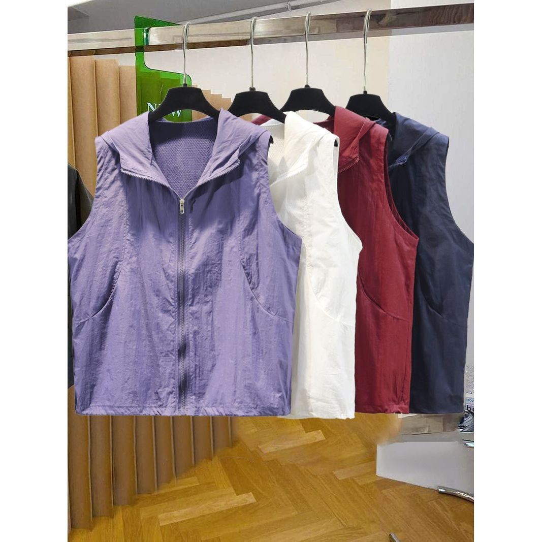 [With mesh lining] Women's sun protection vest, thin, Korean style, fashionable, loose fit, plus size, hooded, breathable, perfect for spring, summer and autumn.
