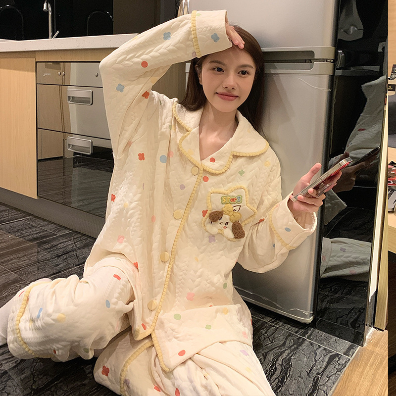 Air Cotton Sandwich Pajamas for Women Autumn and Winter 2025 New Long-Sleeved Cute and Sweet Girl Home Clothes Can Be Worn Outside in Winter
