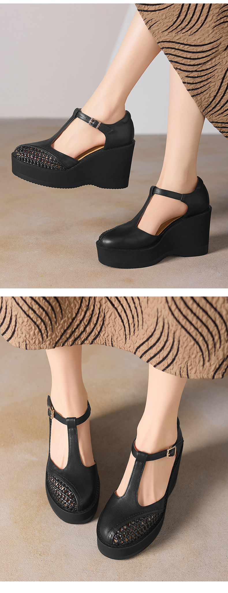 Sandal cao gót nữ quai ngang khóa T, đế dày platform, gót 9.5 cm — đen chi tiết 5