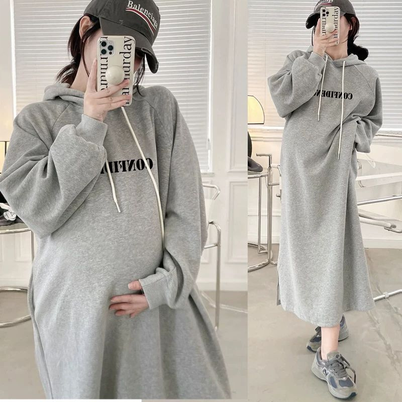 Maternity wear hooded dress, simple letter print, long style, stylish, spring and autumn style, loose gray hooded sweatshirt dress with pockets