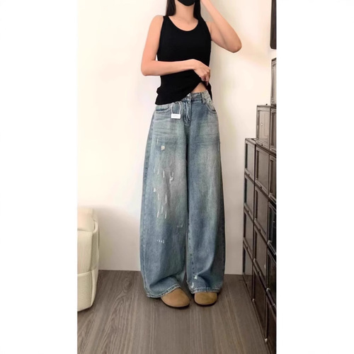 American-style holey light-colored slim-fit wide-leg jeans for women, 2025 summer loose high-waisted straight-leg floor-length pants