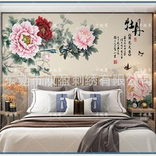 网红酒店国风刺绣壁画硬包山水牡丹精雕灯光墙面艺术木雕背景墙