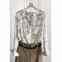 砂洗真丝双绉衬衫女装上衣灰白水墨印花轻奢高级感仿桑蚕丝衬衣