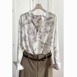砂洗真丝双绉衬衫女装上衣灰白水墨印花轻奢高级感仿桑蚕丝衬衣
