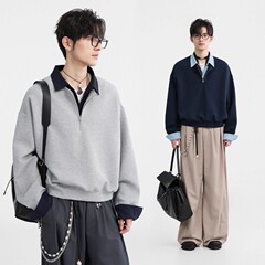 [撞色衬衫领假两件设计]2025春季cleanfit宽松套头半拉链卫衣男潮