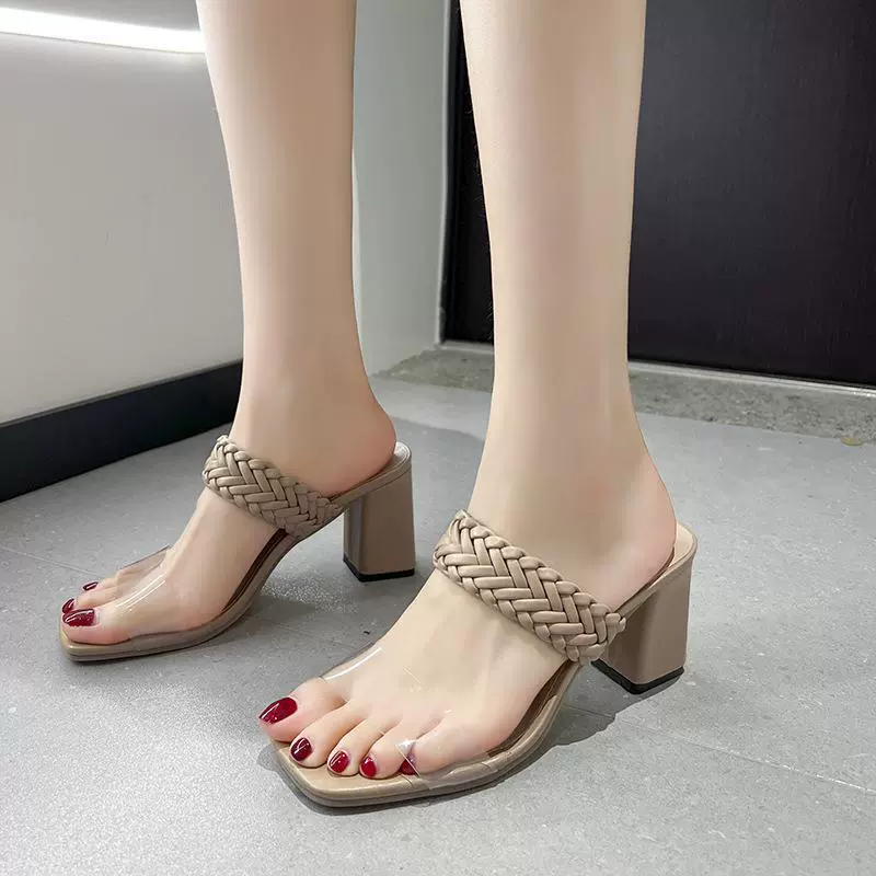 2022 летняя новая женская обувь для внешней торговли, тапочки больших размеров, тканые ремни, Fairy, односторонние сандалии на высоком каблуке на массивном каблуке для женщин