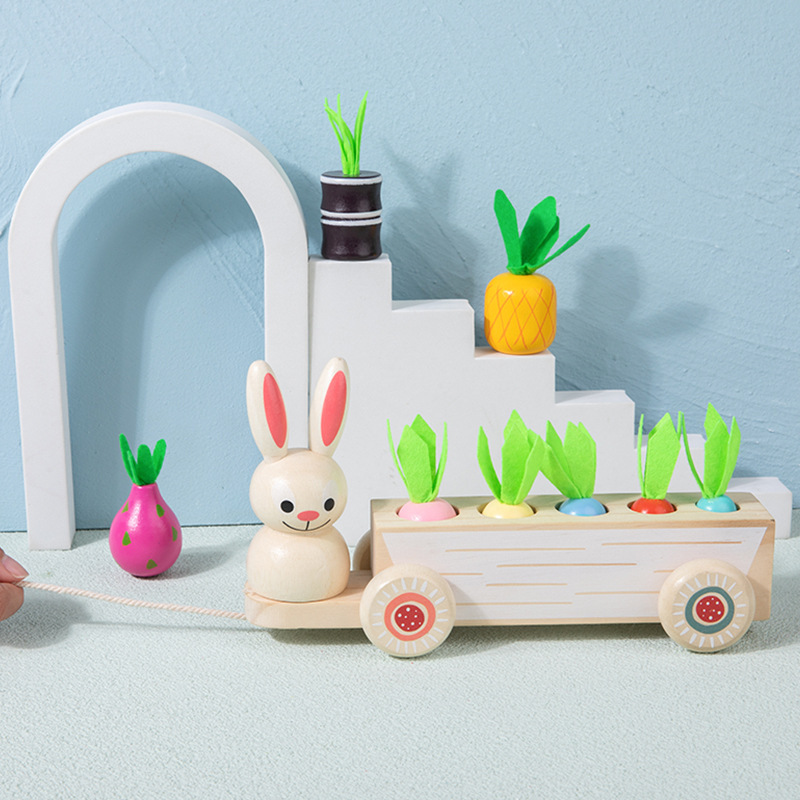 Los niños de madera animal conejo fruta vegetal tirando rábano tres-en-un carro jardín de infantes educativos juguetes de educación temprana