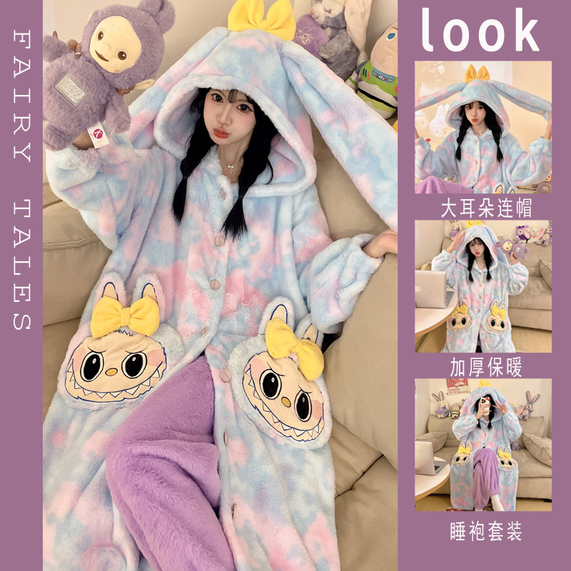 Factory Direct Sales Coral Velvet Winter Nightgown for Women Autumn and Winter Thickeneded Velvet Flannel Pajamas Student Suit Home Clothes