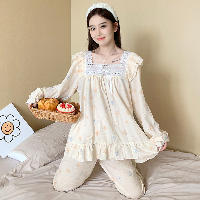 Chanel estilo ins pijamas de las mujeres tejido crepe encaje algodón Otoño e Invierno suéter manga larga dulce desgaste casero traje