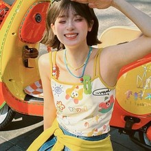 夏季吊带背心带胸垫童趣卡通动画印花修身元气外穿新款女装多巴胺