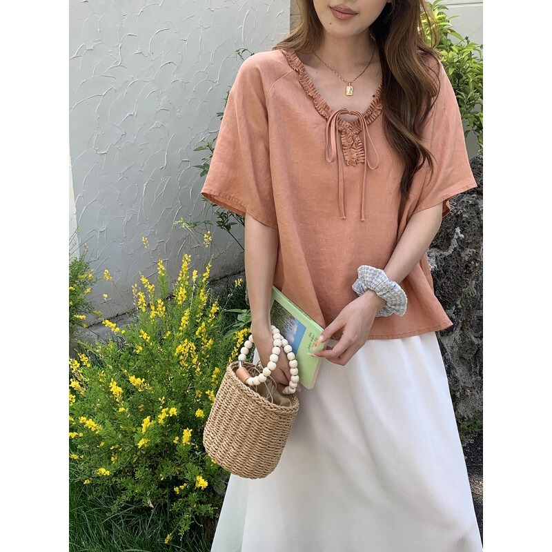 3Th Morning Gentle Melody 100% Linen Lace V-Neck Tie Short Sleeve Shirt Zy4220 3Th Morning Gentle Melody 100% Linen Lace V-Neck Tie Short Sleeve Shirt Zy4220