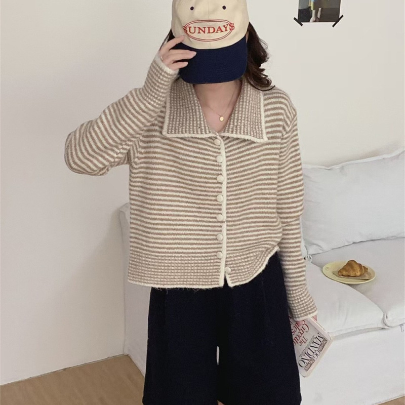 韩系简约条纹翻领毛衣开衫女秋冬新款宽松复古单排扣针织上衣外套|undefined