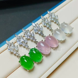 925镀银镶嵌高冰绿玉髓耳环白玛瑙女款百搭玉石耳钉饰品直播货源