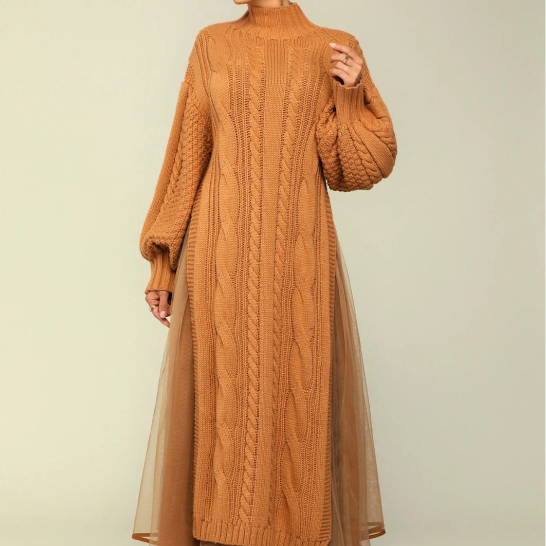 Vêtements pour femmes mode féminine couleur unie manches lanterne col montant jupe tricotée pull jupe robe costume deux pièces_voghion.com
