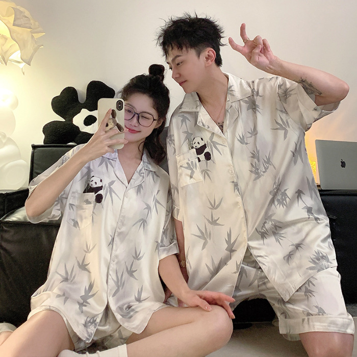 Panda de alto nivel pareja pijama de mujer de verano manga corta lindo estudiante seda real hombre conjunto de ropa de hogar