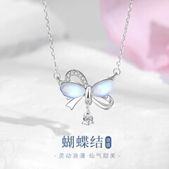 蒂奇亚原创S925纯银蝴蝶结项链女甜美百搭小众设计仿月光石锁骨链