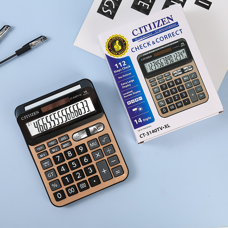 CT-3140TV multifuncional Pantalla de doble cara Ordenador de 14 bits solar de doble potencia Calculadora de oficina de contabilidad