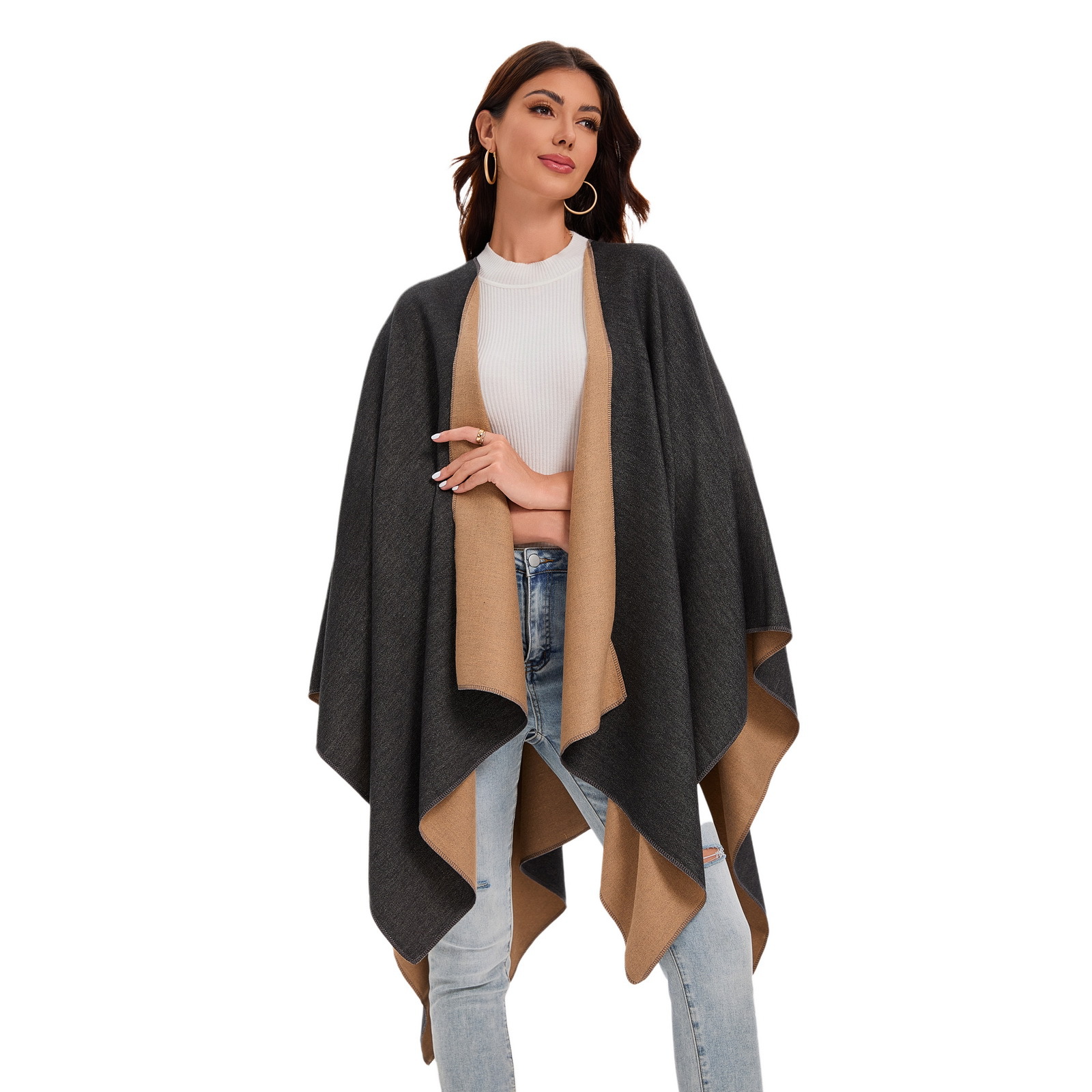 Otoño y invierno damas monocromático imitación de cachemira frente abertura capa capa capa doble cara se puede usar capa cálida Amazon venta caliente