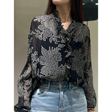 「时里」真丝印花衬衫两件套可拆分复古女士外套上衣衬衣女 S2294