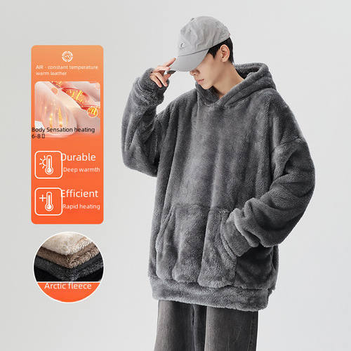 Cross-border exclusive solid Arctic wool hooded jacket for men, winter retro lazy loose couple style casual sweatshirt