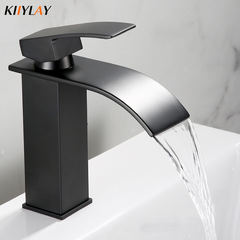 Black basin hot and cold faucet bent mouth waterfall outlet toilet table basin hotel washbasin raised cross-border