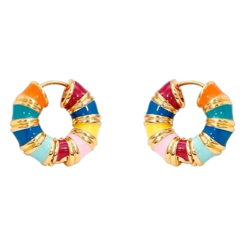 Retro moda colorido esmalte gota esmalte círculo oreja hebilla pendientes mujer verano europeo y americano nicho simple todo fósforo pendientes