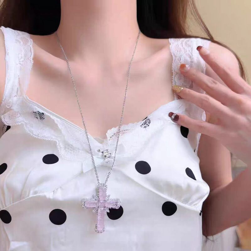 Sweet and Cool Hot Girl Style Colorful Dopamine Cross Necklace, Light Luxury Niche High-End Clavicle Chain Sweater Chain Accessory