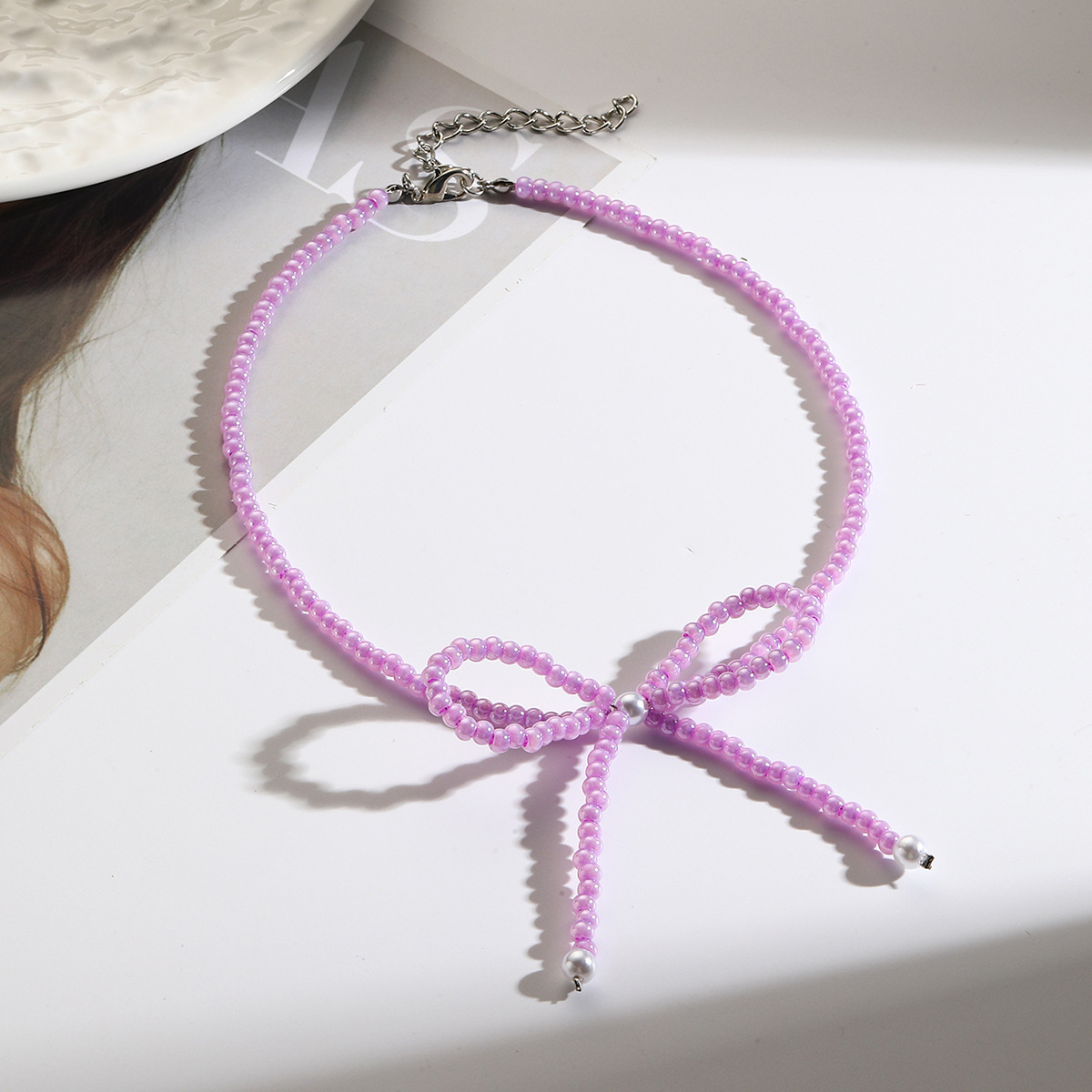 Südkorea Dongdaemun einfache exquisite vielseitige Kristall Perle Ballett Stil Perlen Bogen Halskette Schlüsselbein Kette Halskette_voghion.com