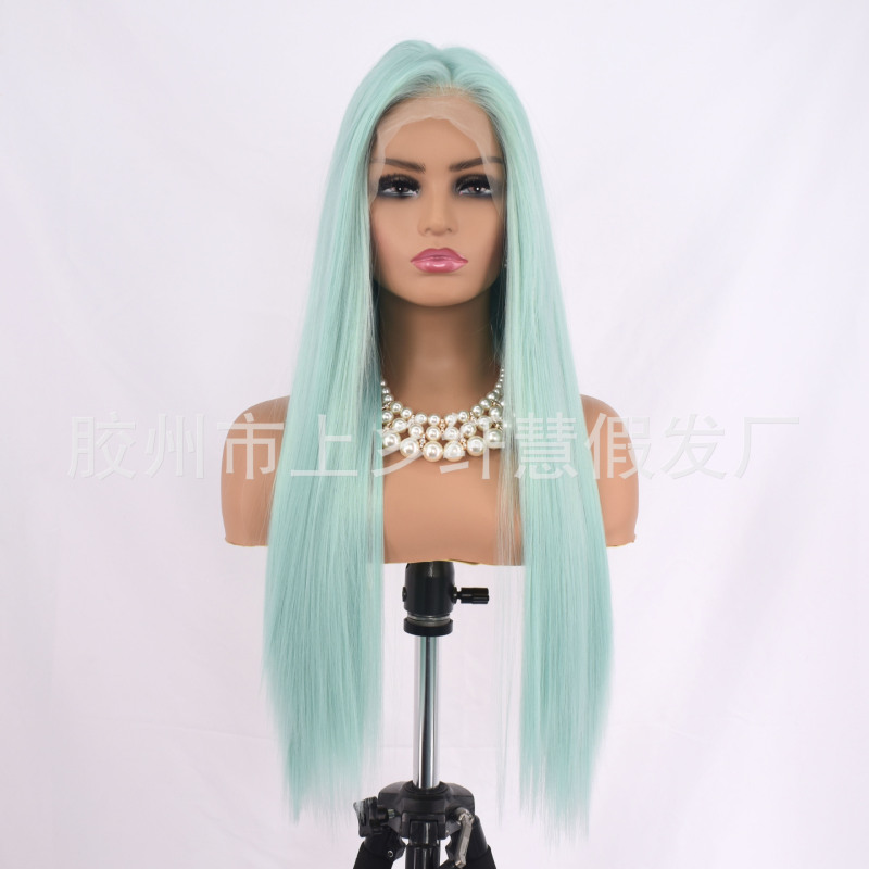 Wig new front lace ladies long straight hair gradient green high temperature matte chemical fiber headgear manufacturers wholesale